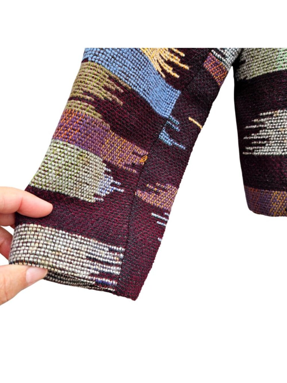 Vintage Art to Wear Woven Wool Jacket Abstract Ikat Stripe Boxy Lined Small - Picture 12 of 13